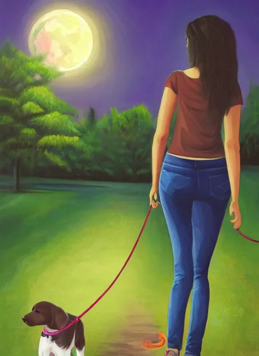 Prompt: young brown woman walking her dog in a park at night with a full moon, painting fantasy