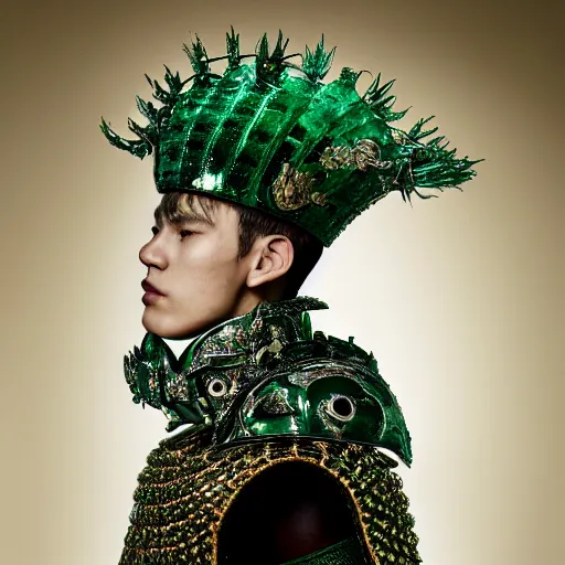 Image similar to a portrait of a beautiful young male wearing an alexander mcqueen armor made of emeralds , photographed by andrew thomas huang, artistic