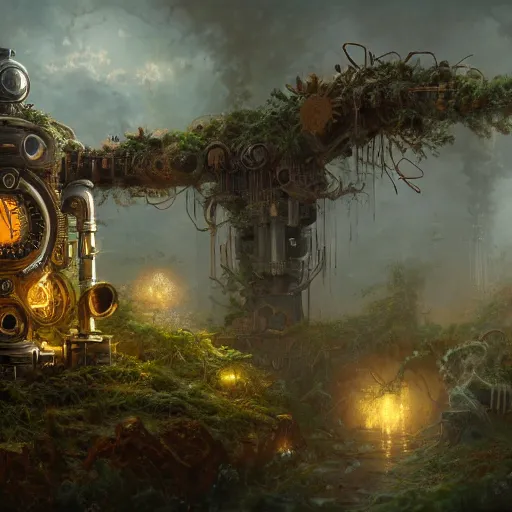 Prompt: a ultradetailed beautiful concept art of the core of a steampunk machine where vegetation have start to peacefully grow, concept art, high resolution 4 k, by tom bagshaw, greg rutkowski, charli bowater and artgeem