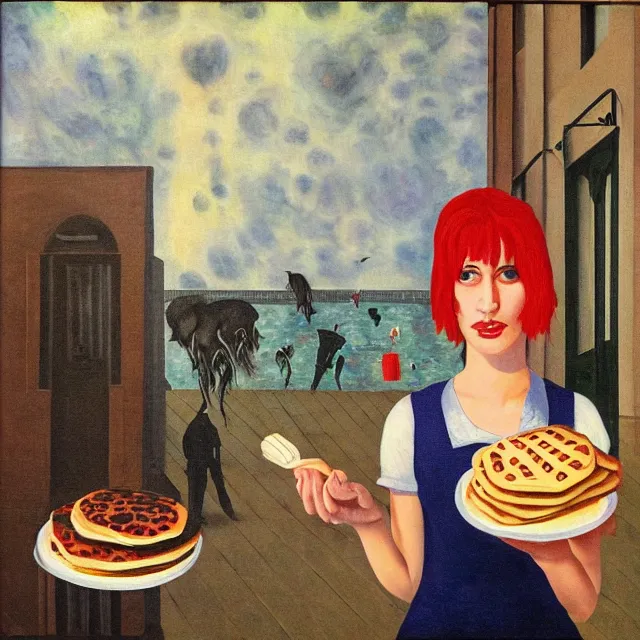 Image similar to tall emo female artist holding pancakes, in chippendale sydney, pigs, octopus, acrylic on canvas, surrealist, by magritte and monet