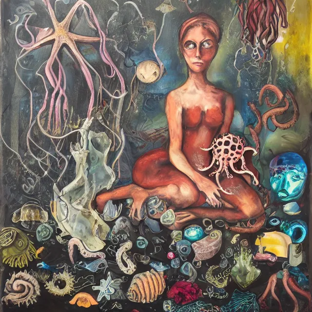 Prompt: a dark portrait of female art student holding an octopus, jellyfish, shipwreck, berries, trash, starfish, coral, rocks, empty pet bottles, scientific glassware, neo - expressionism, surrealism, acrylic and spray paint and oilstick on canvas