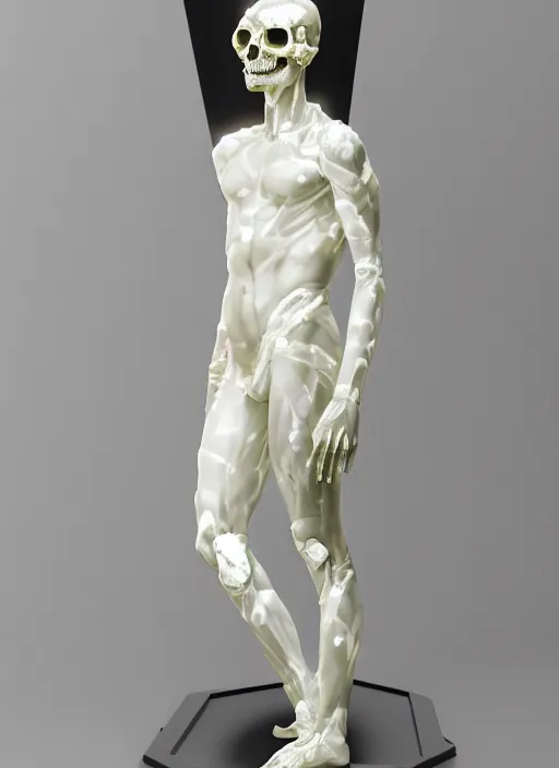 Image similar to photo of fullbodied baroque and bladerunner delicate neon diamond sculpture of seductive onyx albino marble prince zac stenmark dotado mint iridescent humanoid deity wearing black plastic trashbag hooded cloak holding hellfire skull in a onyx alien dungeon, reclining, glowing magenta face, crown of white diamonds, cinematic lighting, photorealistic, octane render 8 k depth of field 3 d
