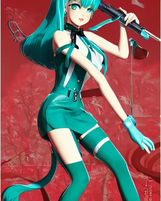 Image similar to Hatsune Miku full body pin up modeling in idol unioform, with a park in the back ground, post war style, detailed face, american postcard art style, by Gil Elvgren and Randolph Stanley Hewton and Charlie Bowater