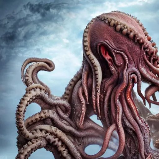 Prompt: the last day of humanity by the manifestation of cthulhu, hyperealistic detailed photography, divinity, awful