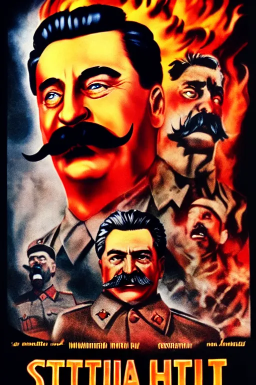 Prompt: movie poster, stalin in hell, scary poster in color, poster in 4 k