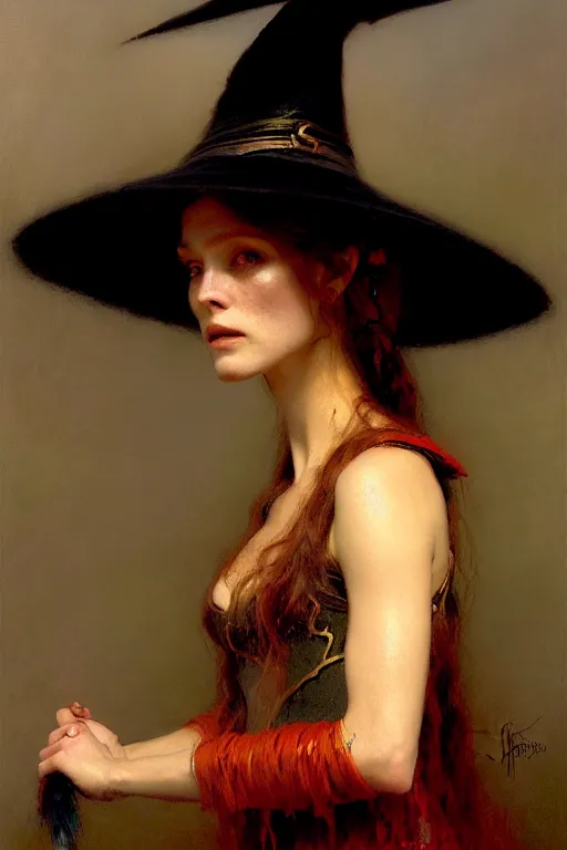 Image similar to a half body portrait of witch wearing witch dress and hat, high detail, cleary see face, by gaston bussiere, bayard wu, greg rutkowski, odd nerdrum, maxim verehin, dan dos santos, masterpiece, sharp focus, cinematic lightning