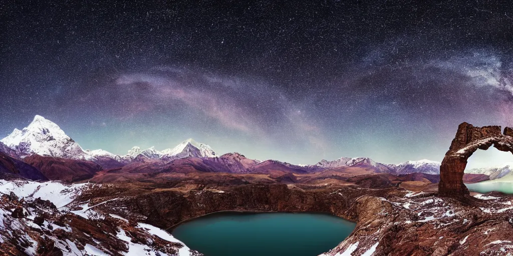 Image similar to Galaxy arch, the foreground is snowy mountains and lakes, in the style of National Geographic magazine