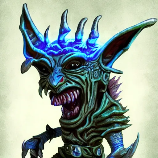 Image similar to a highly detailed goblin with grey skin and blue eyes that glow, like magic the gathering, goblin chainwalker, with wind wiping around it, digital art, by christopher rush