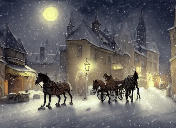 Image similar to a night scene of a snowy town with a horse drawn carriage, a detailed matte painting by anton pieck, deviantart contest winner, fantasy art, concept art, official art, matte drawing