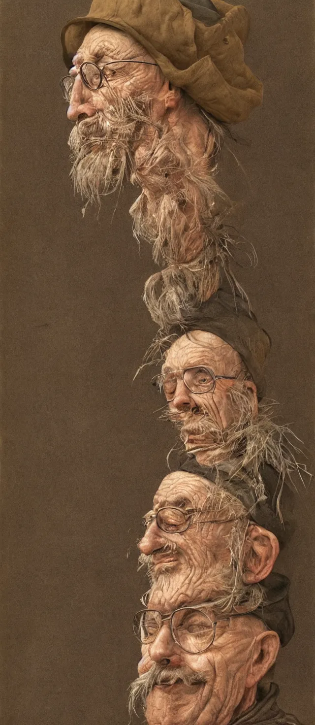 Prompt: full - length painting of an old wizened stooped man wearing a cap and glasses and shapeless long grey overalls which go down to his ankles, with his feather duster under his left arm octane render, highly detailed by giuseppe arcimboldo alan lee james gurney