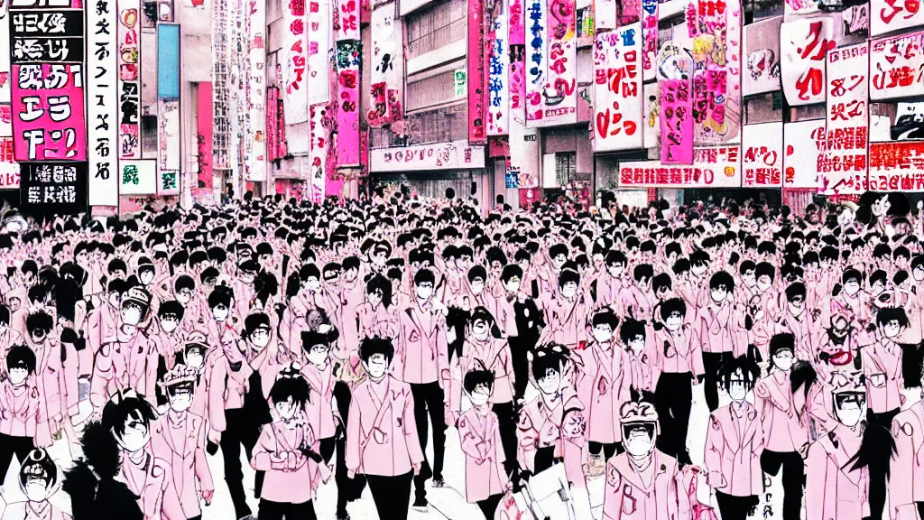 Prompt: manga drawing of a parade on the streets Tokyo everyone in the parade is wearing a pig mask and is dressed in pink and wearing pig masks, film still from the an anime directed by Katsuhiro Otomo with art direction by Salvador Dalí, wide lens