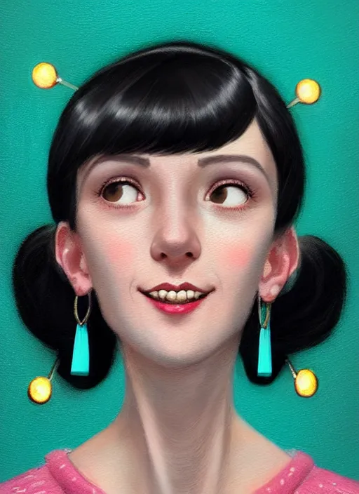 Image similar to portrait of high school girl, realistic, black hair, bangs, half updo hairstyle, pointy nose, skinny, smile, ugly, defined jawline, big chin, teal hair bow, earrings, intricate, elegant, glowing lights, highly detailed, digital painting, artstation, sharp focus, illustration, art by wlop, mars ravelo and greg rutkowski