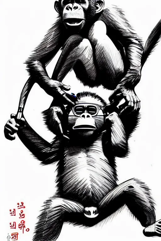Prompt: kim jung gi drawing of monkeying around