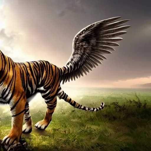 Image similar to A tiger with pegasus wings, 4k, ultra realistic, detailed