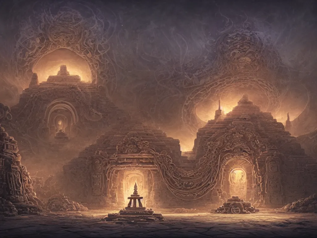 Prompt: A picture of a mysterious ancient temple with geometric patterns and tentacles coming out of the entrance art by Noah Bradley, Darek Zabrocki, Jorge Jacinto, Pablo Carpio, Tuomas Korpi, Gilles Beloeil, Jordan Grimmer, Victor Mosquera, Maciej Kuciara, Tyler Edlin and Natasha Tan, ominous, cosmic horror, trending on artstation, Ultra detailed, hyper realistic, 4k