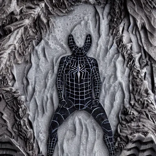 Prompt: spiderman frozen in carbonite, ultra realistic, intricate details, highly detailed, photorealistic, 8 k, vegetation, water, cave