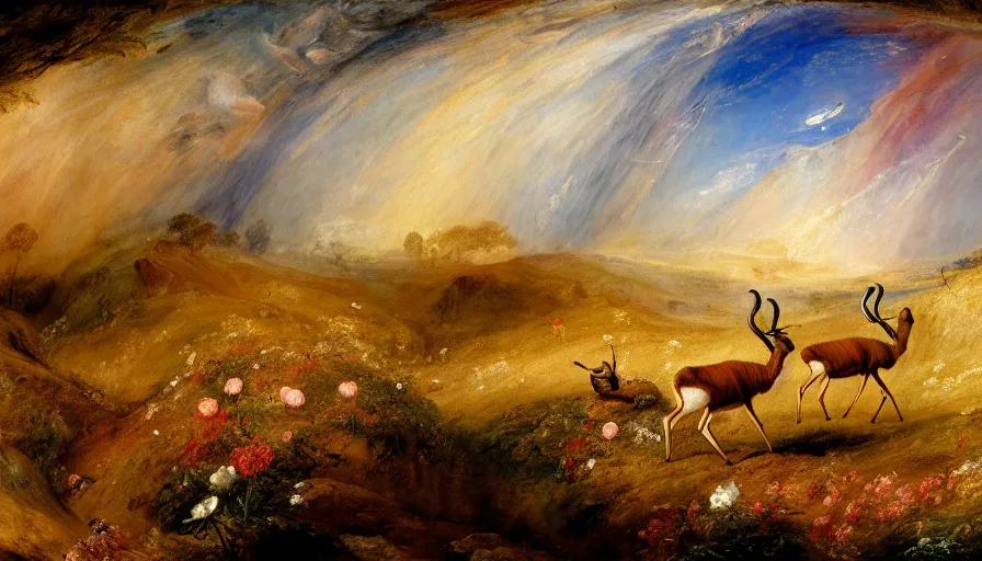 Image similar to highly detailed painting of antelopes in a flower garden on the moon by william turner, thick brush strokes and visible paint layers, 4 k resolution