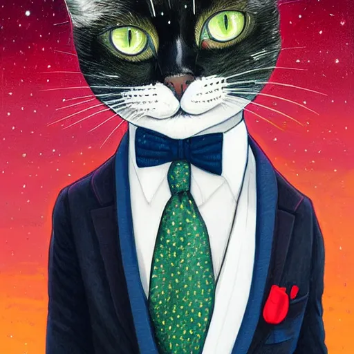 Image similar to portrait illustration of funny brittish cat with big green eyes, in the tuxedo and red tie, space and moon on the background by jeremiah ketner, quint buchholz, wlop, dan mumford