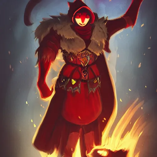 Image similar to cat Berserker, red glowing eyes, in magic armor, wearing red hoodie and torn cape, magic gathered in his chest, fire in background, D&D, fantasy, cinematic
