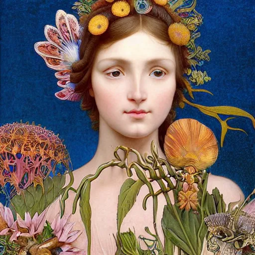 Prompt: hyperrealistic detailed portrait of ivory beautiful symmetric girl, with flowers, butterflies, corals, sea kelp, sea plants, starfish, jellyfish, bacteria, skulls, golden filigree, art by ernst haeckel, john william godward, hammershøi, alphons mucha, pontormo, ornamental, decorative, art nouveau pattern, deep pastel colours,