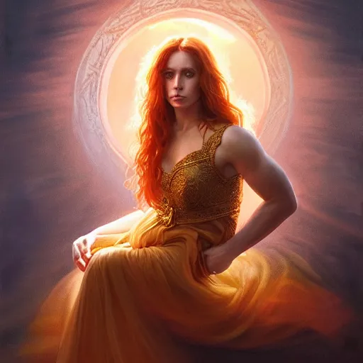 Prompt: majestic gracious regal female orange - haired greek goddess portrait, atmospheric lighting, painted, menacing, intricate, volumetric lighting, beautiful, rich deep colours masterpiece, golden hour, sharp focus, ultra detailed, by leesha hannigan, ross tran, thierry doizon, kai carpenter, ignacio fernandez rios