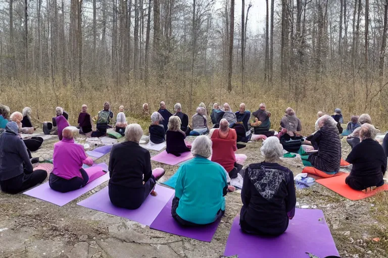 Image similar to senior citizen yoga club meeting, outside Cherynobyl nuclear reactor during meltdown