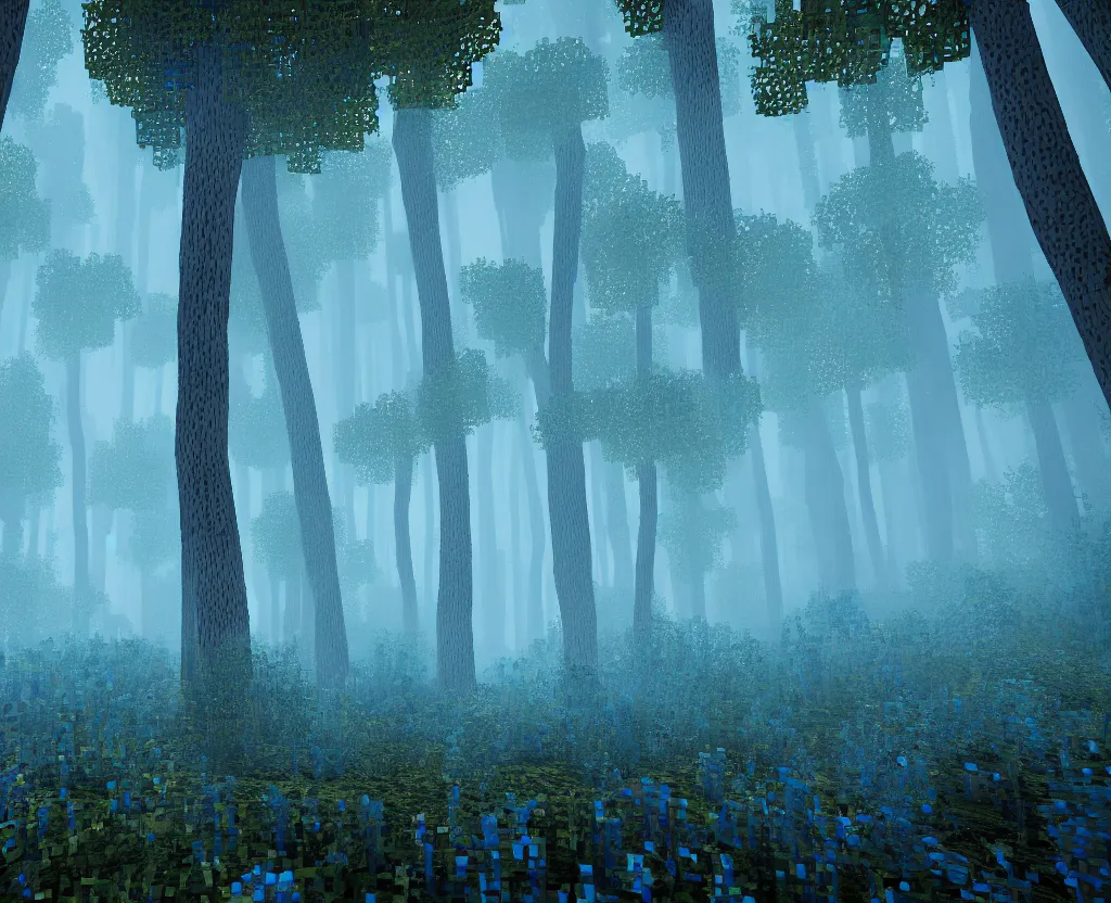 Image similar to blue forest, glowing, minecraft, digital art, highly detailed, artstation, octane render
