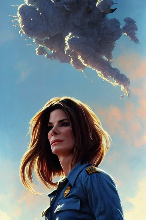 Prompt: sandra bullock in the movie independence day 1 9 9 6, realistic portrait, symmetrical, highly detailed, digital painting, artstation, concept art, smooth, sharp focus, illustration, cinematic lighting, art by artgerm and greg rutkowski and alphonse mucha