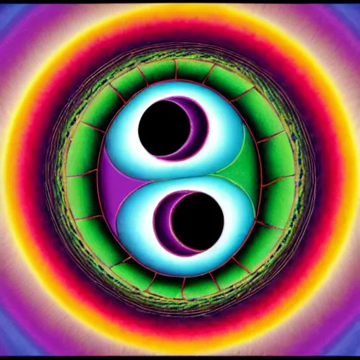 Prompt: a fractal yin yang symbol surrealist painting, the vortex opening up and multicolored spirals surround it