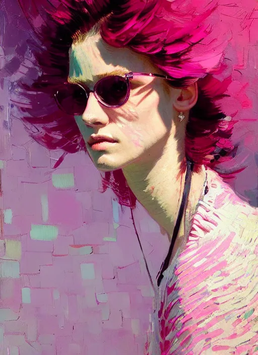 Prompt: portrait of a beautiful girl, funky hair, shades of pink, beautiful face, rule of thirds, intricate outfit, spotlight, by greg rutkowski, by jeremy mann, by francoise nielly, by van gogh, digital painting