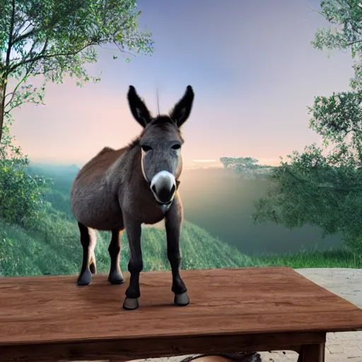 Image similar to a donkey on a table, 4 k, very realistic, photorealistic, very detailed, volumetric lighting