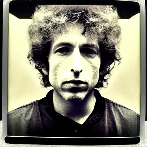 Image similar to Mugshot Portrait of Bob Dylan, taken in the 1970s, photo taken on a 1970s polaroid camera, grainy, real life, hyperrealistic, ultra realistic, realistic, highly detailed, epic, HD quality, 8k resolution, body and headshot, film still, front facing, front view, headshot and bodyshot, detailed face, very detailed face