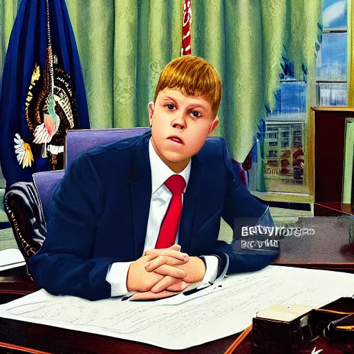 Image similar to professional photograph of yung lean sitting in the oval office desk speaking to a news reporter at night time, 8 k, very detailed, very intricate,