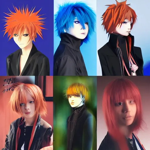 Prompt: orange - haired anime boy, 1 7 - year - old anime boy with wild spiky hair + 1 7 - year - old pale - skinned persian girl with black hair long bob cut, long bangs, black gothic jacket, ultra - realistic, sharp details, subsurface scattering, blue sunshine, intricate details, hd anime, 2 0 1 9 anime