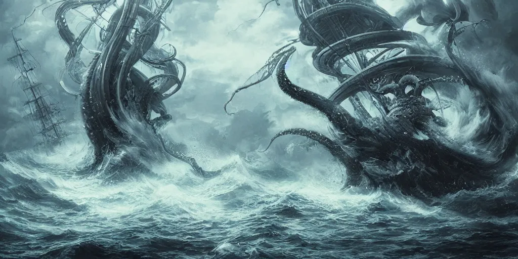 Prompt: A stunning photo of the Kraken attacking a ship at sea, hyper detailed, mythology, Trending on artstation