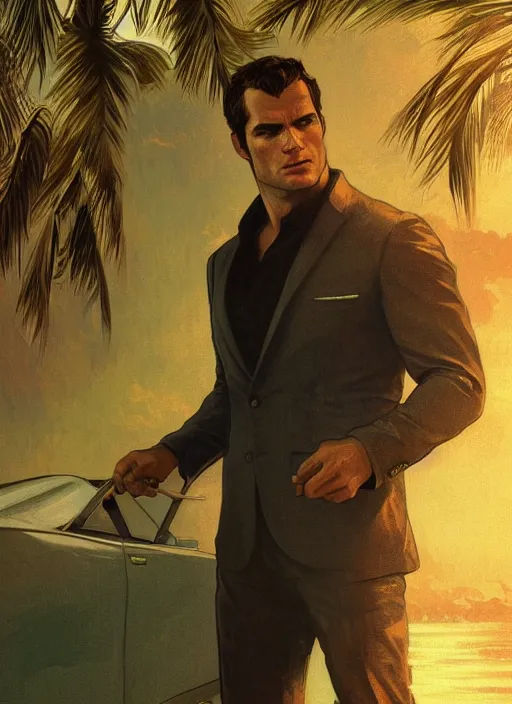 Image similar to portrait of henry cavill as james bond, key art, palm trees, vintage aston martin, highly detailed, digital painting, artstation, concept art, cinematic lighting, sharp focus, illustration, by gaston bussiere alphonse mucha