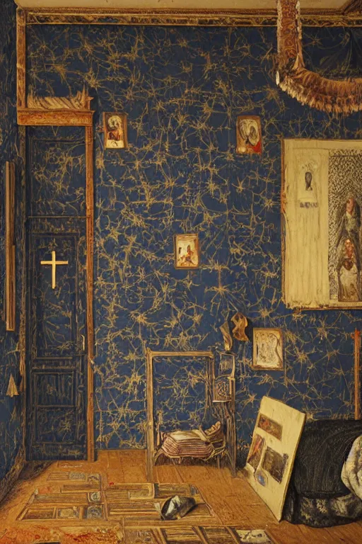 Prompt: male artist's messy, cluttered bedroom with dark black and blue cornflower floral wallpaper pattern and a large christian cross hanging on the wall. items covering floor. catholic cross hanging on wall. realistic, highly detailed, sharp focus, volumetric lighting, full shot, wide view, unreal engine, art by vittore carpaccio