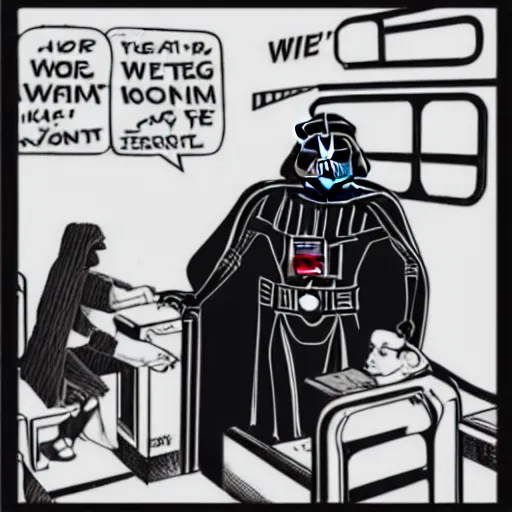 Image similar to Darth Vader having undulating wildly to the Wendy's manager about his custom order being wrong, at Wendy's drive-through, sitting in his TIE FIGHTER.