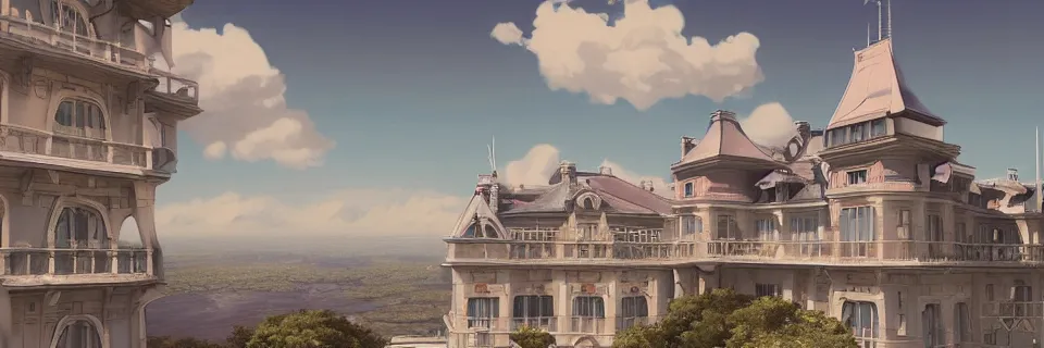 Image similar to beautiful digital illustration of an Art Nouveau palace in the sky, realistic clouds, pastel color scheme, reflecting pool, concept art, deviantArt, artsation, artstation HQ, HD, 16k resolution, octane, finalRender, Unreal Engine