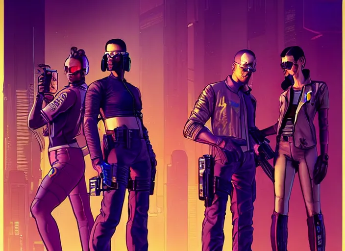 Image similar to cyberpunk police detectives. portrait by stonehouse and mœbius and will eisner and gil elvgren and pixar. character design. realistic proportions. cyberpunk 2 0 7 7 character art, blade runner 2 0 4 9 concept art. cel shading. attractive face. thick lines. the team. diverse characters. shadowrun.