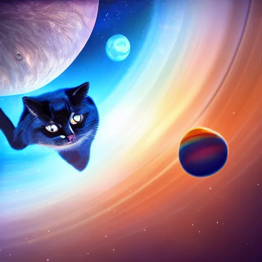 Image similar to A cat with beautiful blue eyes in a space suit jumping over the Saturn planet, digital illustration, concept art, 8k, trending on artstation, highly detailed