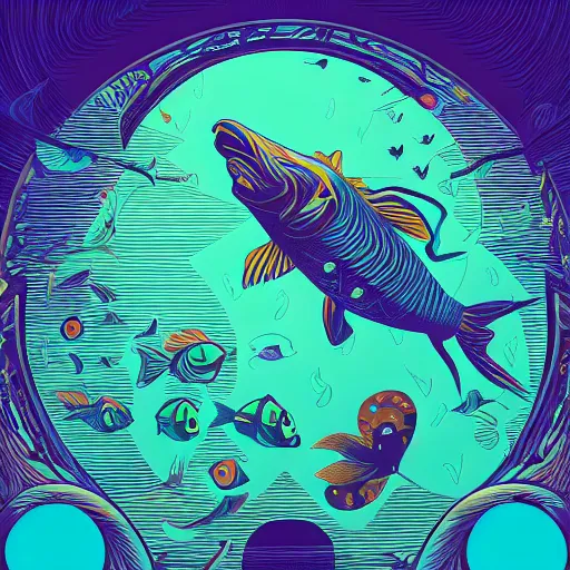 Image similar to one stylized fish in center of view, viewed in profile, dark ocean, complex patterns, artstation, intricate, realistic, highly detailed, digital painting, concept art, sharp focus, illustration by tom whalen and charles williams and kilian eng and james jean