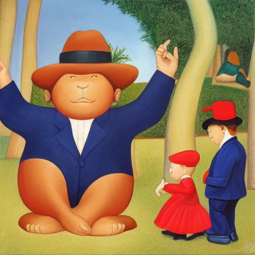 Prompt: a painting of curious george, fernando botero