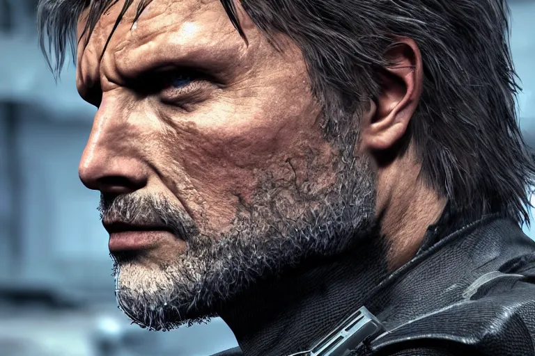 Image similar to Mads Mikkelsen as Solid Snake in Metal Gear Solid (2022), side view profile, high-quality 4k
