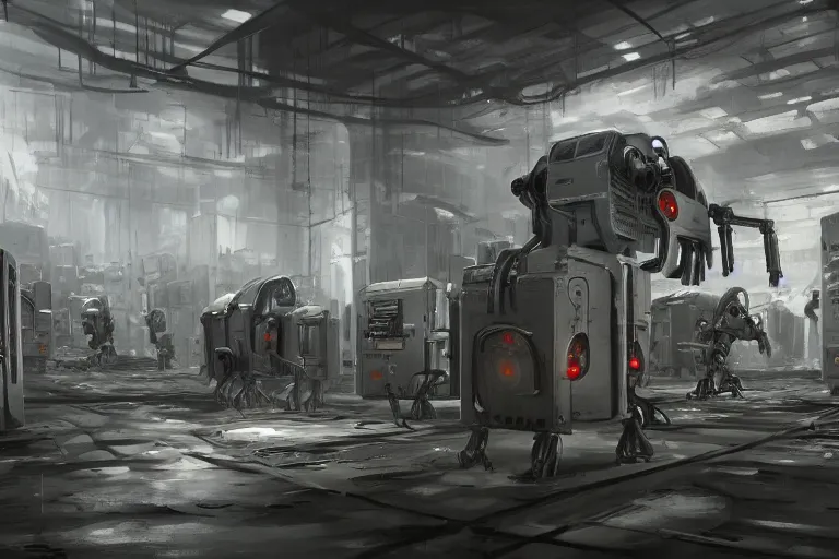 Image similar to gloomy ruined server room in datacenter painting concept art of half - body robot, artillery, pacing, computers, racks, motherboard, by pascal blanche rutkowski artstation detailed matte painting, 4 k resolution