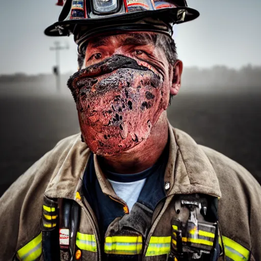 Prompt: a portrait of a grizzled firefighter with black ash covering his face by anne leibowitz, detailed photography, award winning, 8 k, sharp details
