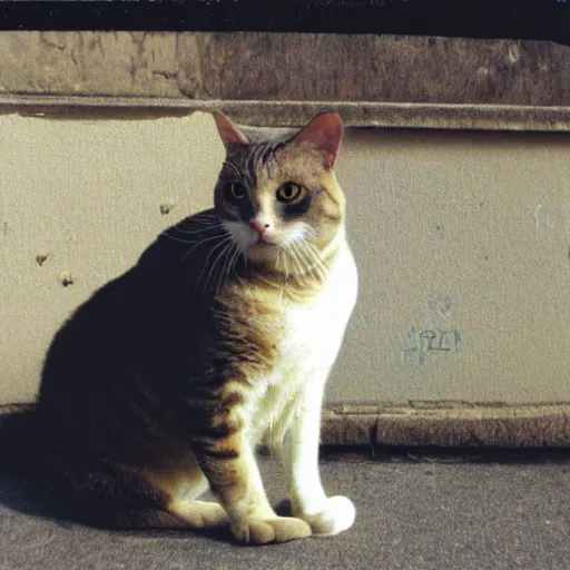 Image similar to fat cat, kodak disposable camera photo,