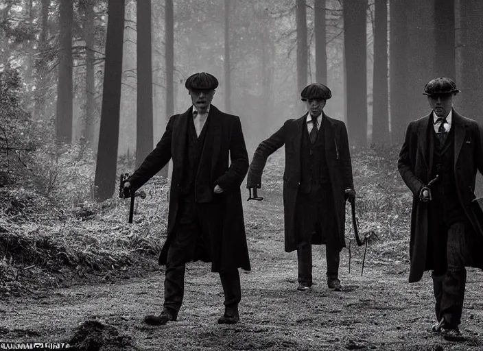 Image similar to an dramatic scene from peaky blinders, medium long shot, filmed in the dark woods, a cabin in the background, leonardo dicaprio and daniel day - lewis, faces covered in shadows, detailed and symmetric faces, black and white, cinematic, epic,