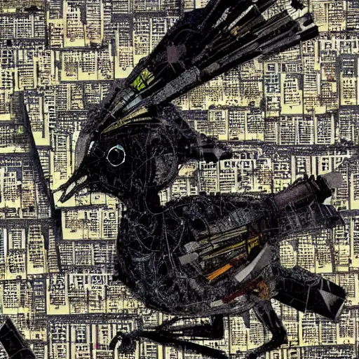 Prompt: a mechanical ( wren bird ) wanders between the cybernetic neonpunk realms of urban science and social science, collage artwork by dave mckean and ivan shishkin and yoshitaka amano