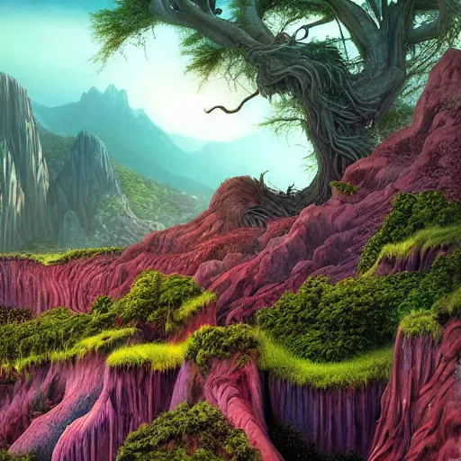 Image similar to digital painting of a lush natural scene on an alien planet by gerald brom. digital render. detailed. beautiful landscape. colourful weird vegetation. cliffs and water.